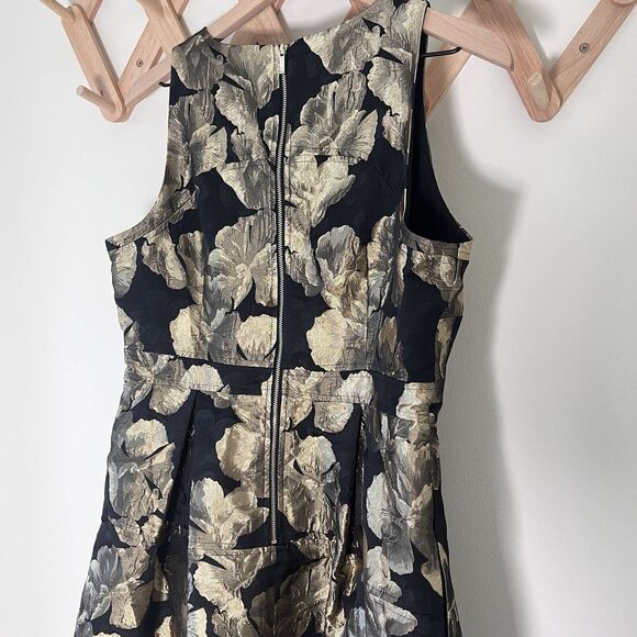 Ann Taylor Factory Sz 10 Black Gold Foil Floral Sleeveless Dress Fit & Flare - Picture 5 of 8